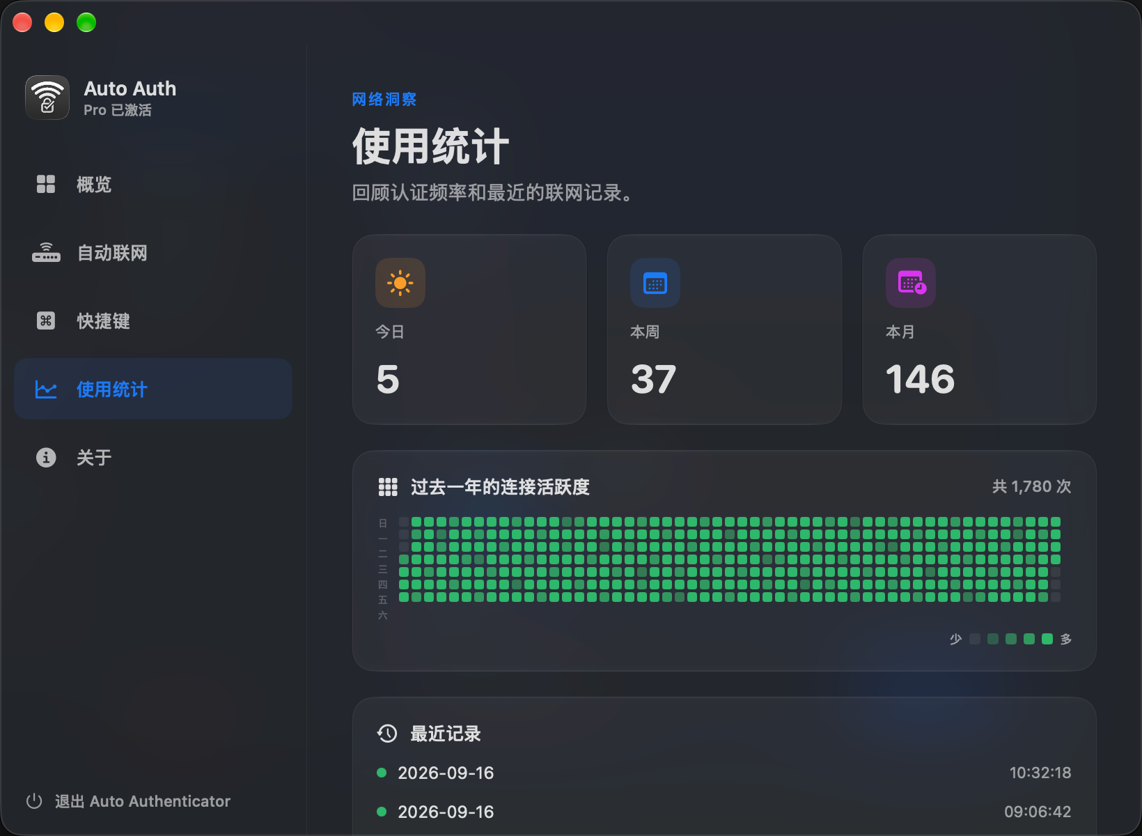 年度连接热力图与使用统计页面